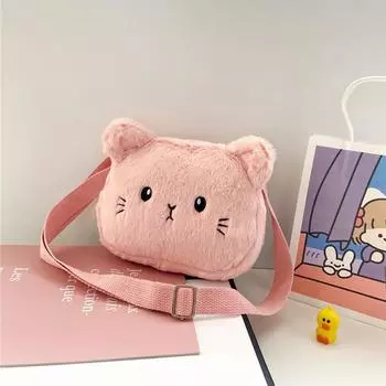 Мультяшная кошка, детские сумки кроссбоди для девочек, милая мягкая плюшевая детская наплечная сумка, зимние детские пушистые сумочки, кошелек для монет розовый