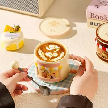 Мультяшная кружка высокой ценности Домашняя чашка для питья воды Офисная керамическая кофейная чашка Милая парная чашка для воды с крышкой и ложкой 301-400ml