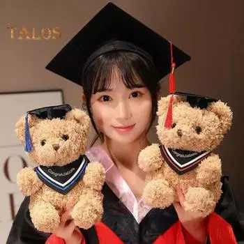 Мультяшная кукла-медведь, подарок на выпускной, мягкая, пушистая, моющаяся, с декором в шляпе, плюшевая игрушка в виде доктора, животного, выпускной топпер для торта, украшение для букета, реквизит красный