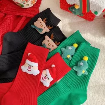Мультяшная кукла, рождественские чулки, детские двойные иголки, Санта-Клаус, олень, елочные украшения, женские хлопковые носки One Size
