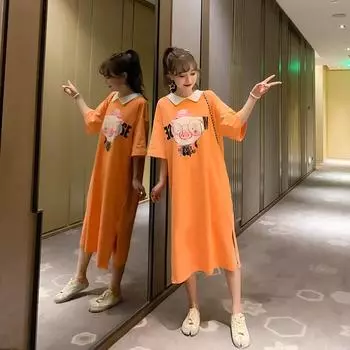 Мультяшная кукла, ведущая студентка, летнее свободное женское платье с короткими рукавами, выше колена, прикрытое животом M оранжевый