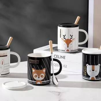 Мультяшная милая керамическая чашка с крышкой-ложкой в виде животного, маленькая кружка с лисой, костюм для пары, чашка для воды, чашка для завтрака 450ML