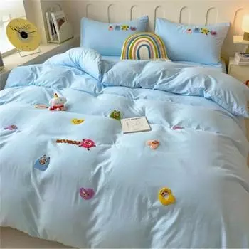 Мультяшная милая кровать с ветром, 4 предмета приятной для кожи и удобной простыни, комплект пододеяльников, односпальная кровать для студенческого общежития, 3 комплекта 1.5m синий