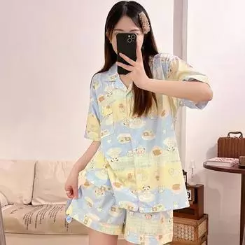 Мультяшная милая панда Y2k женская пижама из 3 предметов милая мода повседневная молочная шелковая домашняя одежда новая осенняя ночная рубашка L жёлтый