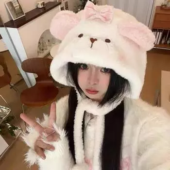 Мультяшная милая плюшевая шапка женская шерстяная со шнуровкой термоголовный убор румяна медвежьи ушки термоушная шапка One Size (55-59cm)