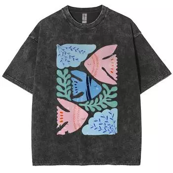 Мультяшная Минималистичная Футболка Фэн-шуй с Принтом Маленьких Рыбок для Женщин, Выстиранная, Свободная, Оверсайз, с Коротким Рукавом, Винтажная S