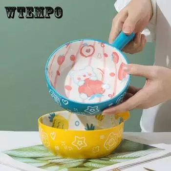 Мультяшная миска для лапши быстрого приготовления, керамическая бытовая миска для фруктового салата, милая миска для выпечки с ручкой в форме сердца для девочек, миска для фруктов зелёный