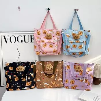 Мультяшная модная школьная косметичка с медведем, милая школьная холщовая сумка, большая вместимость, женская студенческая повседневная сумка через плечо коричневый
