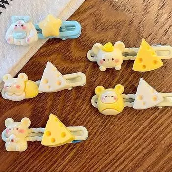 Мультяшная молочно-желтая заколка для волос с сыром и мышкой, женская милая и свежая универсальная челка на лбу для девочек, сломанная заколка для волос, головной убор as the picture