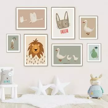 Мультяшная мышь, гусь, лев, кролик, утка, постеры и принты, скандинавские ретро настенные картины, декор для детской комнаты, настенная живопись на холсте 21x30cm No Frame