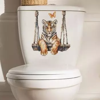 Мультяшная наклейка на унитаз «Качели Тигра» Съемная самоклеящаяся Водонепроницаемая ПВХ Гостиная Ванная комната Настенное искусство Животное Украшение крышки унитаза Наклейка Tiger