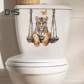 Мультяшная наклейка на унитаз «Качели Тигра» Съемная самоклеящаяся Водонепроницаемая ПВХ Гостиная Ванная комната Настенное искусство Животное Украшение крышки унитаза Наклейка Tiger