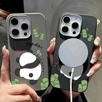 Мультяшная панда роскошный кожаный текстурный мягкий чехол для телефона из ТПУ для iPhone 16 15 Pro 14 Plus 13 12 Pro Max 11 для Magsafe Magnetic Shockproof Slim Cover iPhone 16 чёрный