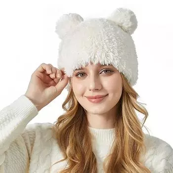 Мультяшная плюшевая вязаная шапка с двойным шариком, женская зимняя теплая шапка для защиты ушей чёрный