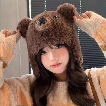 Мультяшная плюшевая вязаная шапка с ушками медведя для женщин, осень-зима 2024, новая милая теплая универсальная шапка-пуловер чёрный