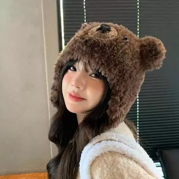 Мультяшная плюшевая вязаная шапка с ушками медведя для женщин, осень-зима 2024, новая милая теплая универсальная шапка-пуловер M56-59cm чёрный