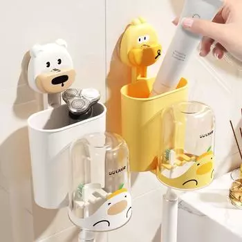 Мультяшная подставка для хранения зубных щеток с присоской, настенный держатель для зубной пасты без перфорации, стакан для ополаскивателя для полости рта в ванной, милый жёлтый