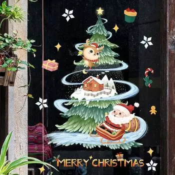Мультяшная рождественская наклейка на окно Ноэль Стеклянная настенная декоративная наклейка на рождественскую елку Статическое электричество Луна Санта Лось Счастливого Рождества 2025