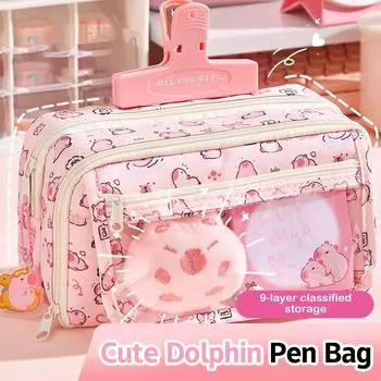 Мультяшная розовая сумка для хранения карандашей Capybara, кавайная коробка для карандашей, большой вместительный пенал, школьный канцелярский чехол, косметичка one size