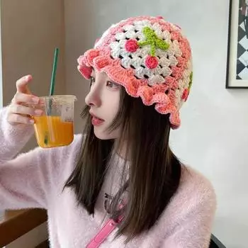 Мультяшная шерстяная шапка с аппликацией из вишни, вязаная шапка, детский головной убор цвета конфет, детская шляпа-ведро, детская вязаная шапка для фотосъемки, дни рождения, вечеринки на открытом воздухе, кепка серый