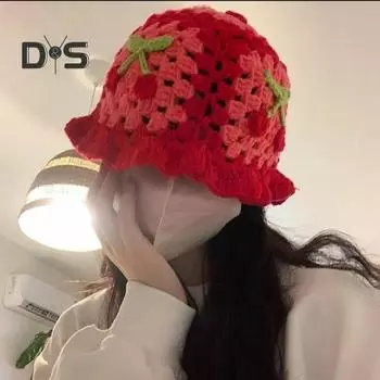 Мультяшная шерстяная шапка с аппликацией из вишни, вязаная шапка, детский головной убор цвета конфет, детская шляпа-ведро, детская вязаная шапка для фотосъемки, дни рождения, вечеринки на открытом воздухе, кепка красный