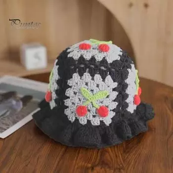 Мультяшная шерстяная шапка с аппликацией из вишни, вязаная шапка, детский головной убор цвета конфет, детская шляпа-ведро, детская вязаная шапка для фотосъемки, дни рождения, вечеринки на открытом воздухе, кепка серый