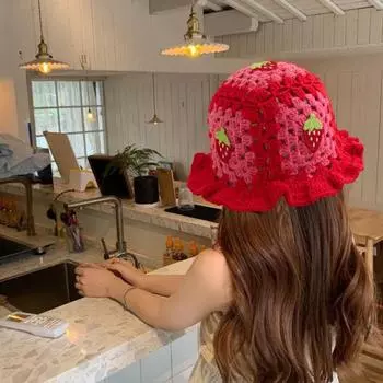 Мультяшная шерстяная шапка с аппликацией в виде вишневого гриба, вязаная шапка, полая, конфетного цвета, детский головной убор, ведро Frog