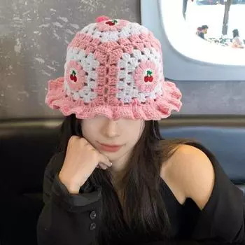 Мультяшная шерстяная шапка с аппликацией в виде вишневого гриба, вязаная шапка, полая, конфетного цвета, для детей Cherry