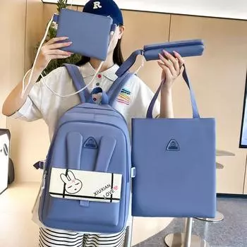 Мультяшная школьная сумка для школьниц, холст, большой вместительный рюкзак, набор фиолетовый