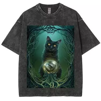 Мультяшная синяя кошка, принт на тему магии, женская футболка, унисекс, оверсайз, свободная, в стиле ретро Харадзюку, топ с коротким рукавом, базовая футболка S