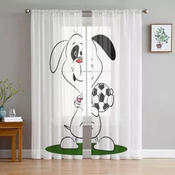 Мультяшная собака держит футбольный мяч Прозрачные шторы для спальни Гостиная Тюль Шторы для кухни Оконные вуалевые шторы 135W x 114H(cm)