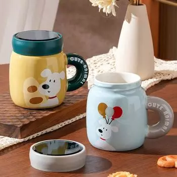 Мультяшная собака с крышкой, зеркальная чашка, большая емкость, термостойкая керамическая чашка, набор кружек для дома для девочек 400ML