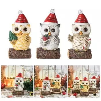 Мультяшная Сова, миниатюрная фигурка из смолы со светодиодной подсветкой, шапка Санты, рождественский праздничный домашний стол, книжная полка, декор, орнамент 2