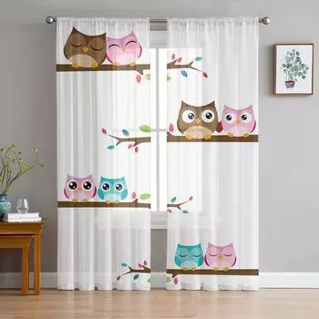 Мультяшная сова, стоящая на ветке, прозрачные шторы для гостиной, тюль для окон, вуаль, пряжа, короткие шторы для спальни W135 x H114cm