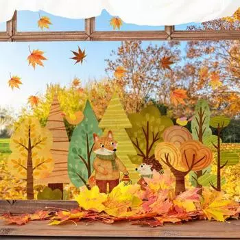 Мультяшная статическая наклейка на окно с кленовыми листьями, наклейка с изображением лисы, наклейка в деревенском стиле, водонепроницаемая, неклеящаяся наклейка на стекло для спальни, детской комнаты, ванной комнаты Stickers