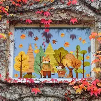 Мультяшная статическая наклейка на окно с кленовыми листьями, наклейка с изображением лисы, наклейка в деревенском стиле, водонепроницаемая, неклеящаяся наклейка на стекло для спальни, детской комнаты, ванной комнаты Stickers