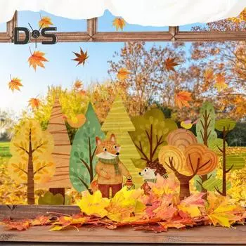 Мультяшная статическая наклейка на окно с кленовыми листьями, наклейка с изображением лисы, наклейка в деревенском стиле, водонепроницаемая, неклеящаяся наклейка на стекло для спальни, детской комнаты, ванной комнаты Stickers