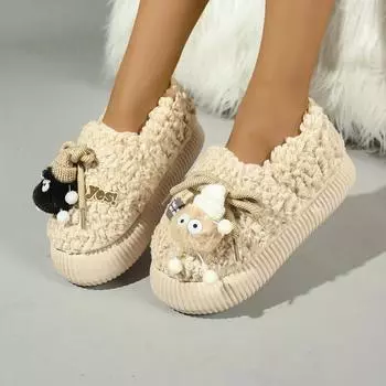 Мультяшная сумка Хлопковые тапочки Домашняя одежда для отдыха Толстые подошвы Теплые, приятные для кожи Нескользящие женские туфли Тапочки Zapatos De Mujer для женщин 36 бежевый