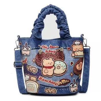 Мультяшная сумка-ведро женская контрастная расписная сумка через плечо синий