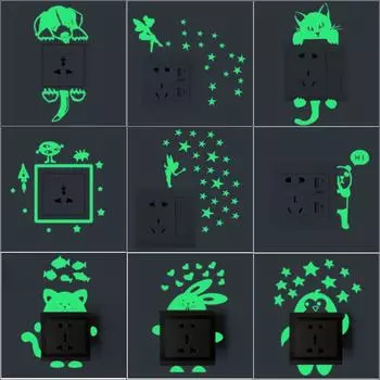 Мультяшная светящаяся наклейка на выключатель, звезда, кошка, бабочка, любовь, сердце, настенные наклейки для детской спальни, украшение дома as picture show