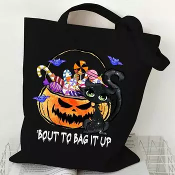 Мультяшная тыква, кошка, холст, женская сумка на плечо, сумки для покупок на Хэллоуин, модная сумка-тоут, студенческие сумки с животными