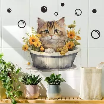 Мультяшная ванна, кошка, подсолнух, цветок, ванная комната, украшение ванной комнаты, декоративные настенные наклейки 39*43CM/fun-f67