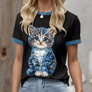 Мультяшная женская футболка с круглым вырезом, с принтом животных, с рисунком кошки, летняя, для улицы, повседневная, с коротким рукавом S