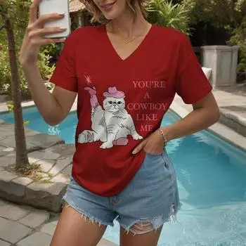 Мультяшная женская футболка с V-образным вырезом, с животным принтом кошки, в стиле ретро, классические топы с коротким рукавом, одежда для женщин больших размеров S
