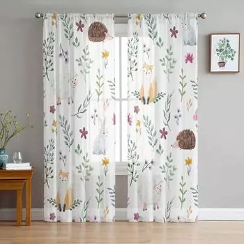 Мультяшное животное ёжик лиса кролик зелёный лист тюль прозрачные шторы для гостиной спальни вуаль органза шторы портьеры W135 x H115cm x1&Rod Pocket