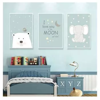 Мультяшное животное, слон, медведь, спокойной ночи, иллюстрация, синяя тема, детская комната, стена без рамки, домашний декор, холст, живопись 21cm30cm NoFrame