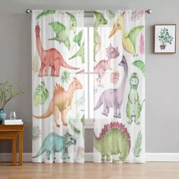 Мультяшные акварельные динозавры, прозрачные оконные шторы для гостиной, спальни, современная вуаль, тюлевые шторы, тканевые шторы для кухни 135W x 114H(cm)