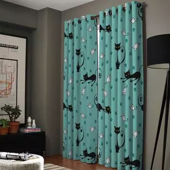 Мультяшные черные кошки, белые мышиные лапы, оконные шторы с принтом, шторы для гостиной, декоративные предметы для гостиной 135W x 60H(cm)