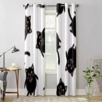 Мультяшные черные кошки, оконные занавески для гостиной, спальни, украшения, роскошные кухонные шторы с балдахином 135W x 60H(cm) x1