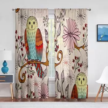 Мультяшные цветные совы, сидящие на ветвях, цветы, прозрачная занавеска для украшения гостиной, тюлевая оконная занавеска для спальни, вуаль 1 PCS W100XH250cm&Rod Pocket